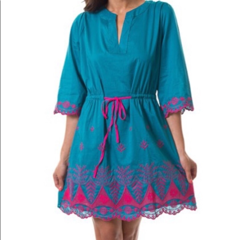 🌸 Teal Leaf Embroidered Drawstring Dress